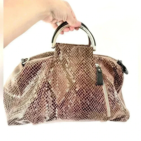 Bobby Schandra Light Brown Patent Leather Snake Skin Print Satchel Bag - Picture 2 of 13